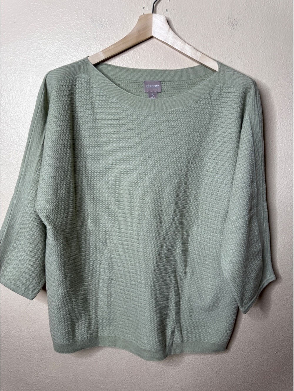 Chico's Womens Size 3 Sweater Tea Leaf Green Textured Dolman Sleeve Pullover